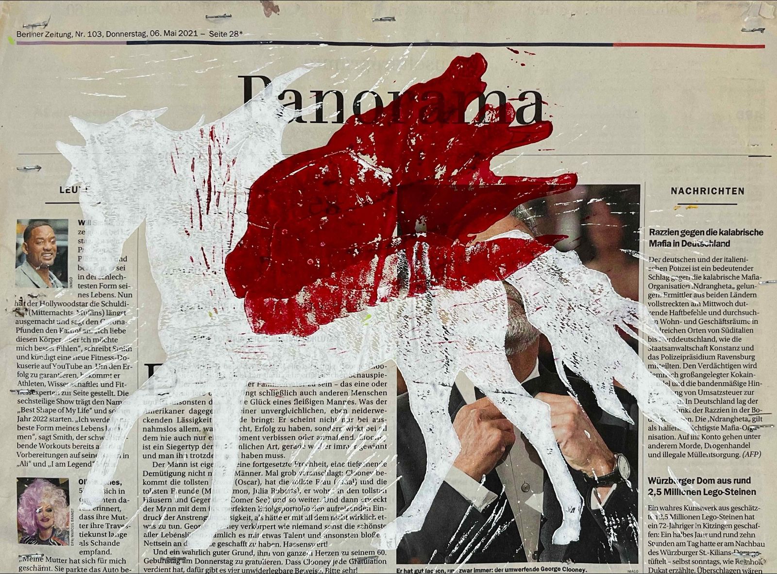 Uta Nezhad, Ohne Titel, 2021, 40 X 30 cm, Linoldruck auf Zeitungspapier