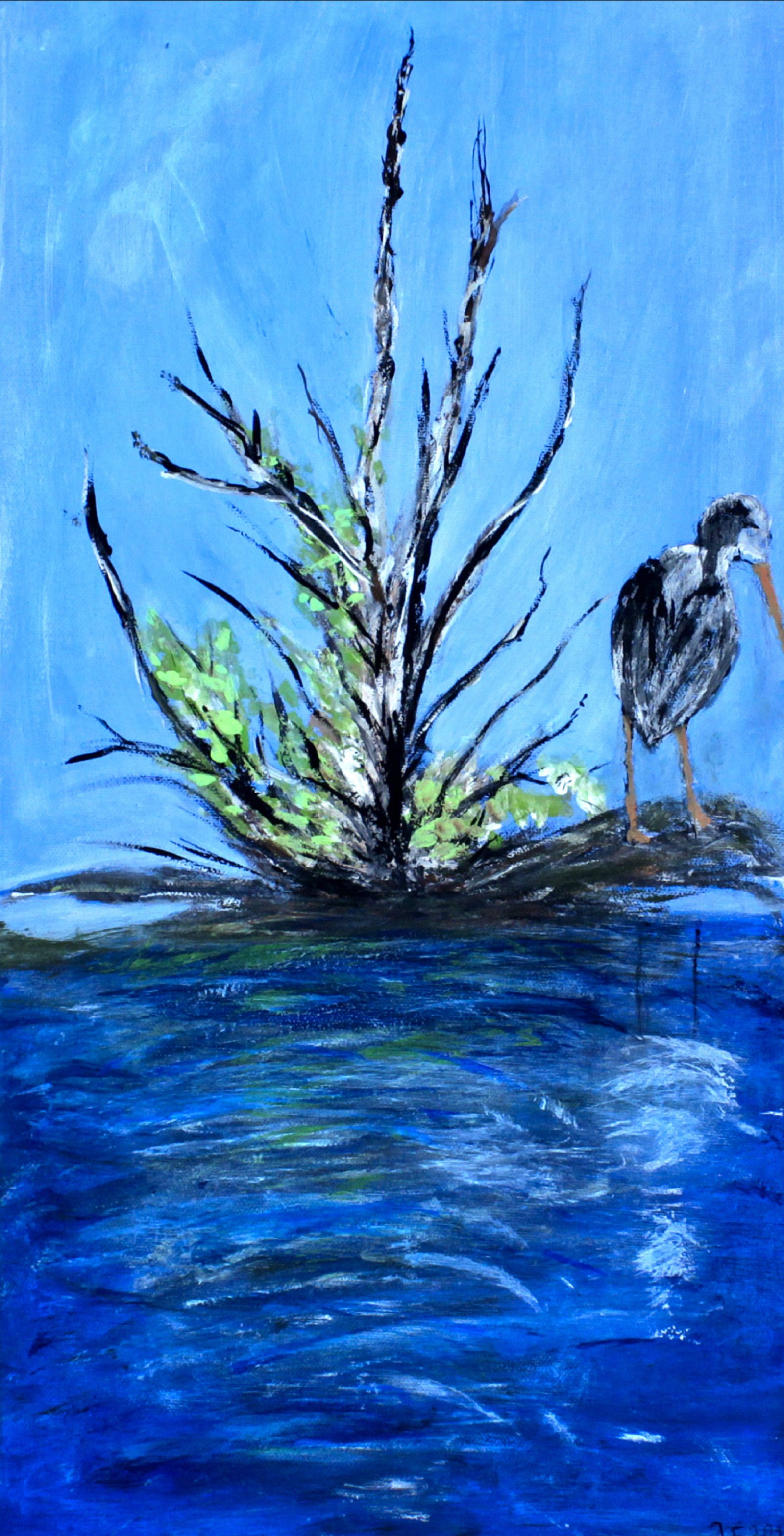 I. E. Eger, Vogel im Wasser, 2021, 30 X 60 cm, Acryl auf Papier