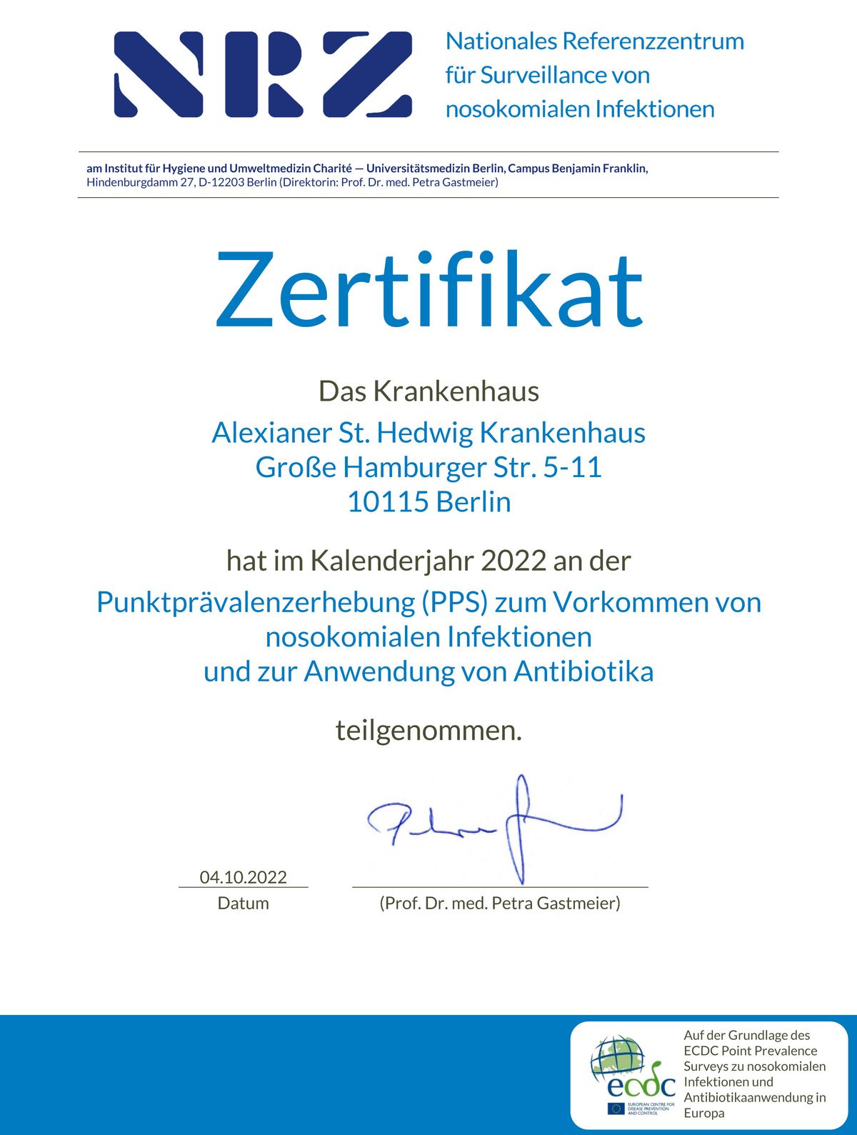 Zertifikat: Punktprävalenzerhebung (PPS) zum Vorkommen von nosokomialen Infektionen und zur Anwendung von Antibiotika 
