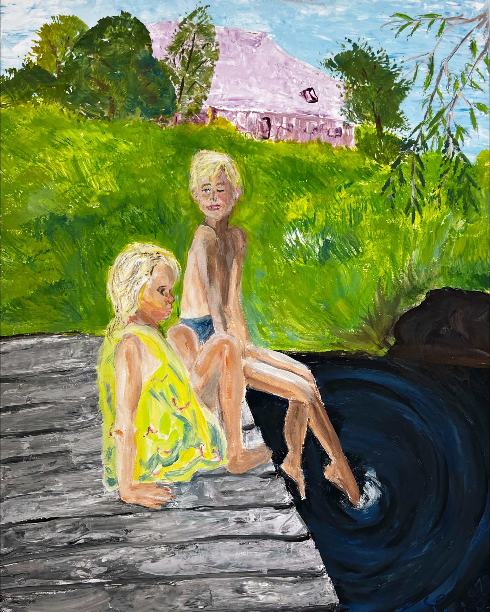 Eckhard Levin, Luise und Levy auf dem Steg, 2019, 50 X 64 cm, Acryl auf Papier