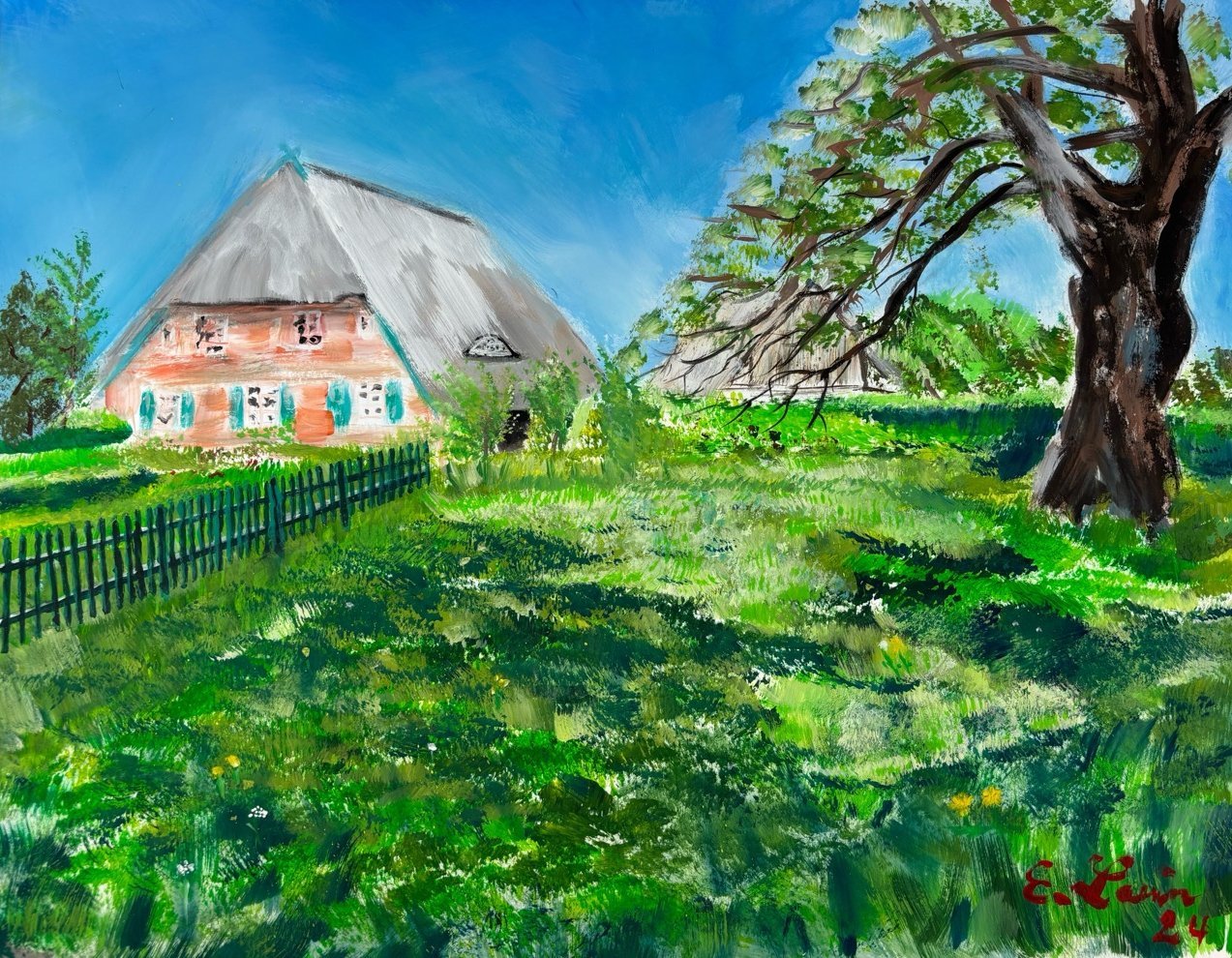 Eckhard Levin-Bauernhaus Ahrenshoop mit Kirschbaum 2024- 64 x 50 cm, Acryl auf Papier