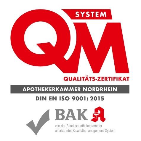 Qualitätssiegel Apothekerkammer Nordrhein DIN EN ISO:9001 von der Bundesärztekammer anerkannt