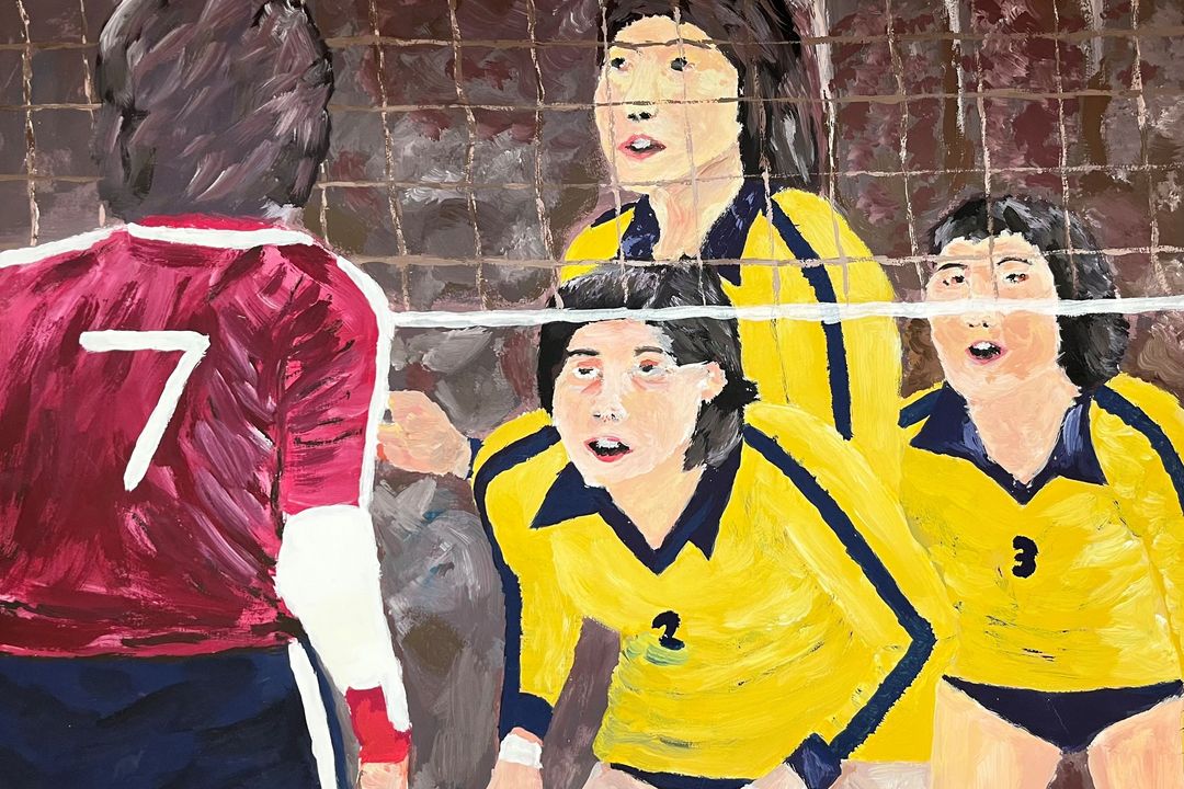 N. Dichantz: Volleyballerinnen, 2017, 64 x 50 cm, Acrylfarbe auf Papier