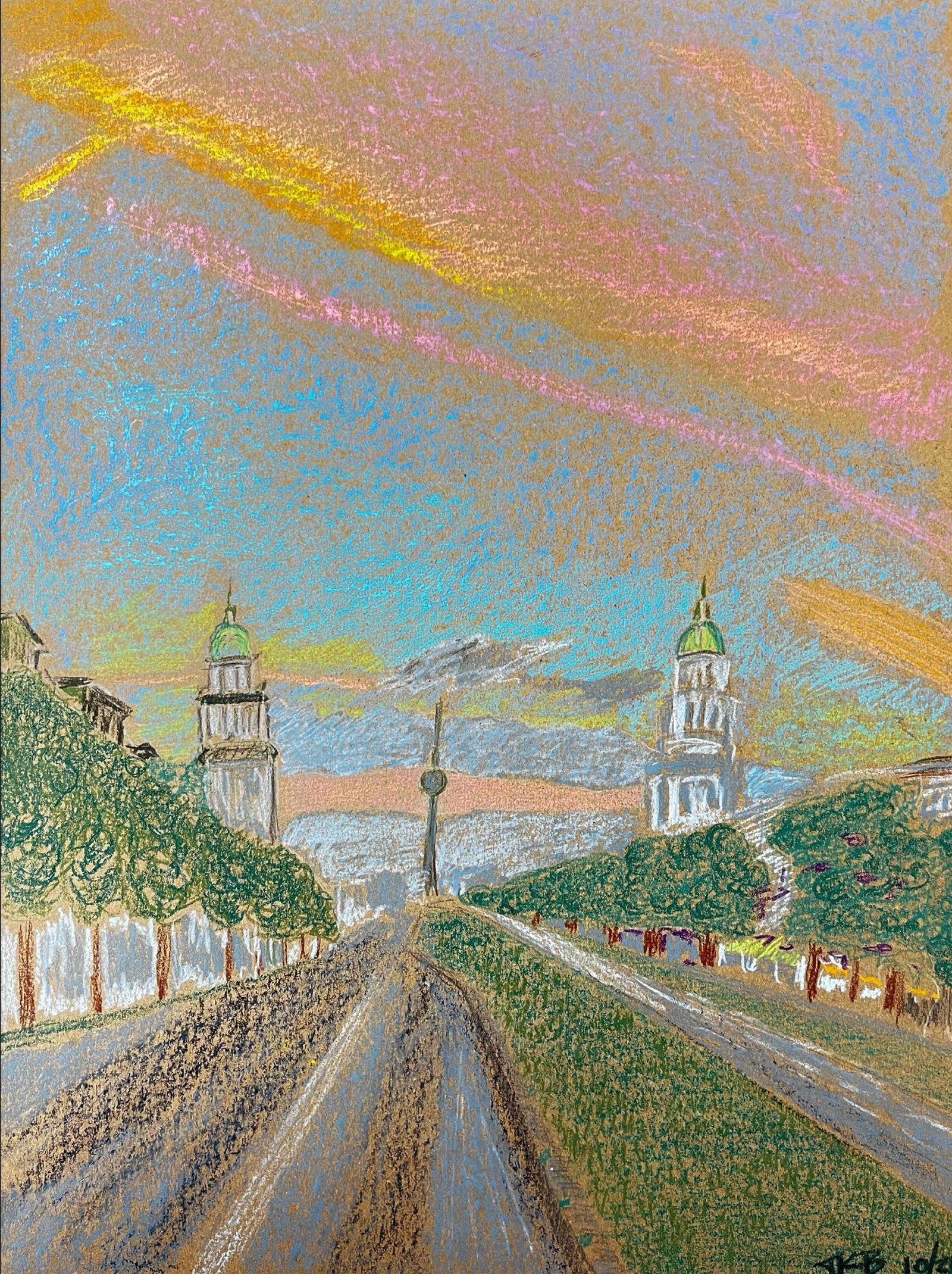 TKB, Sonnenuntergang Frankfurter Tor, 2021, 35 X 48 cm, Pastellkreide auf Papier