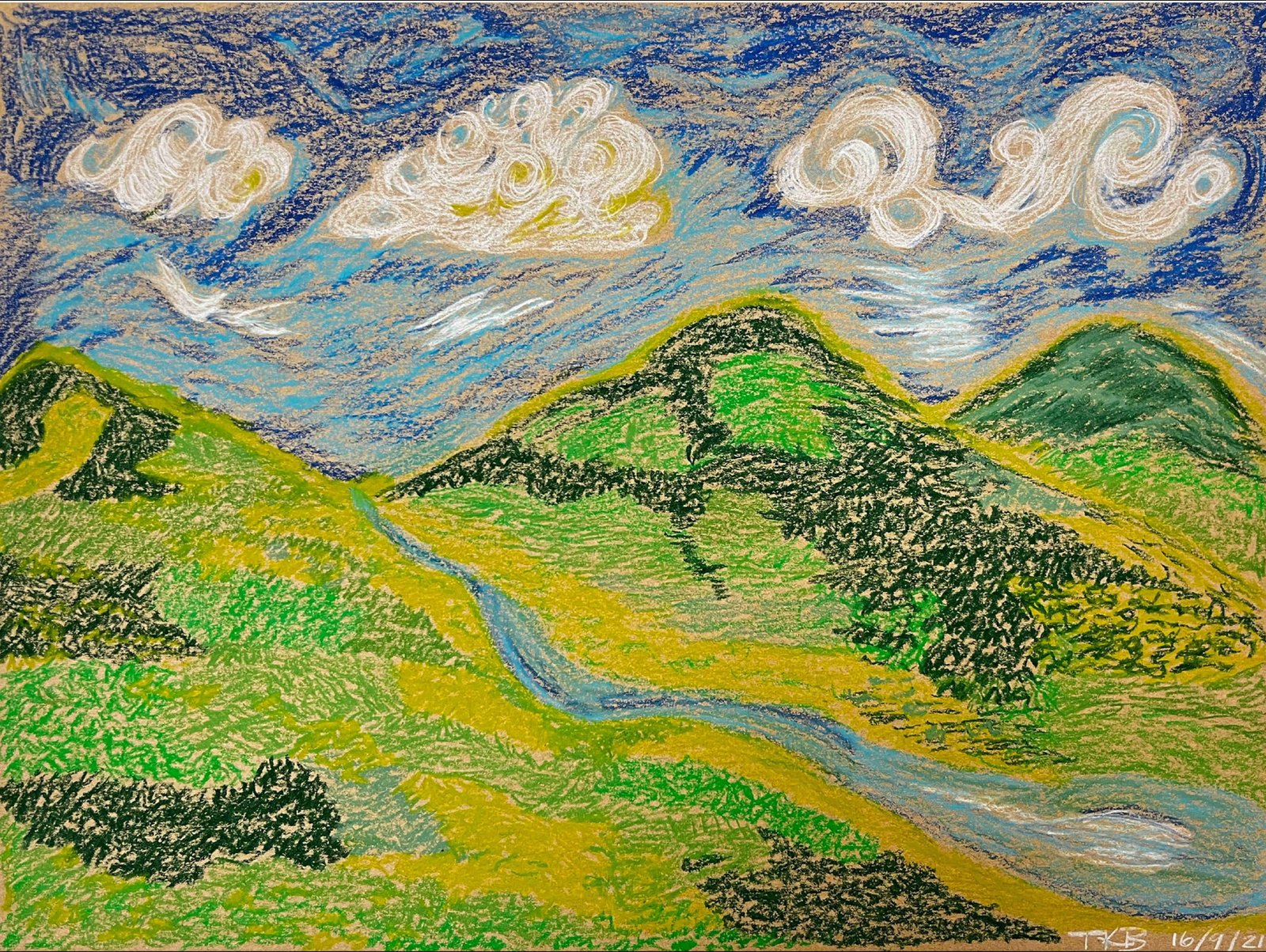 TKB, Die Berge meiner Erinnerung, 2021, 48 X 35 cm, Ölpastell auf Papier