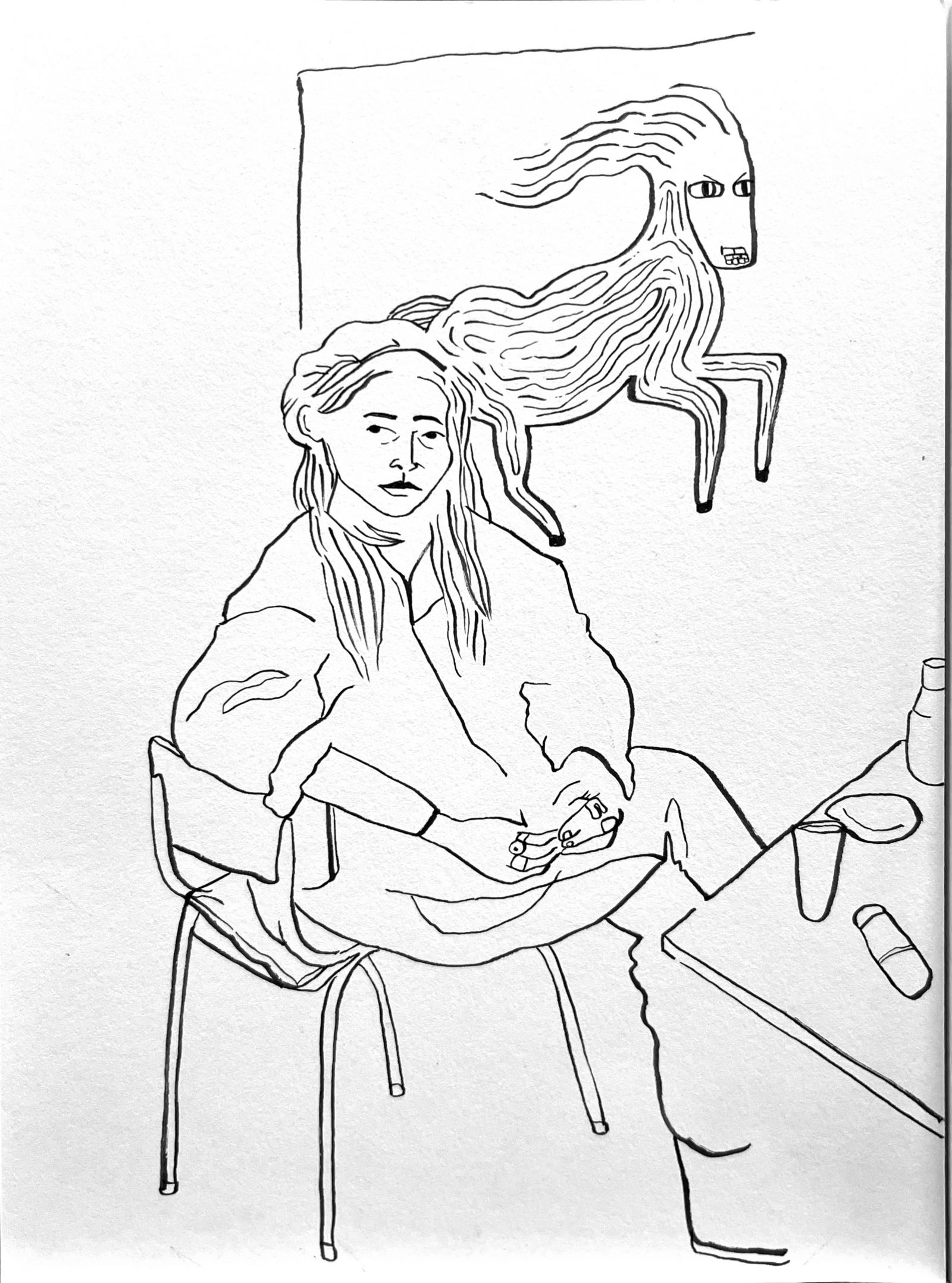 Maria Fallada, Belhe und ihr Pferd, 2021, 21 X 14,5 cm, Marker auf Papier
