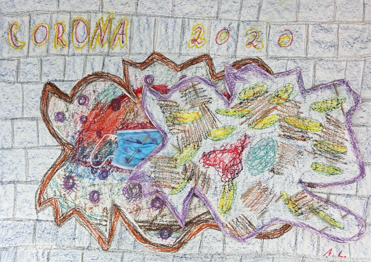 Angela Lehmann-Das Virus, 2020- Pastellkreide + verschiedene Materialien-70 x 50 cm