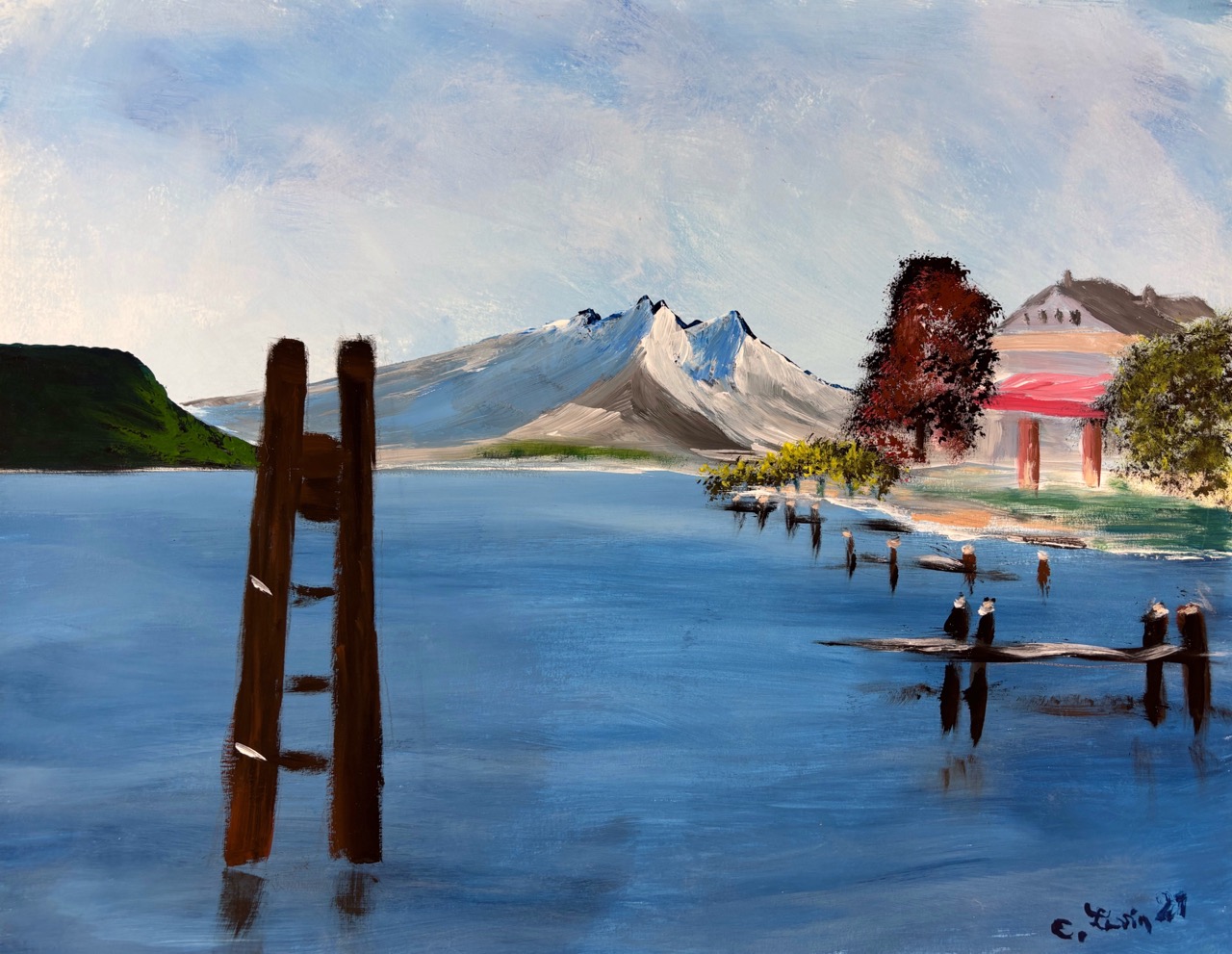 Eckhard Levin-Anlegestelle Weggis am Vierwaldstättersee, 2021- 64 x 50 cm, Acryl auf Papier