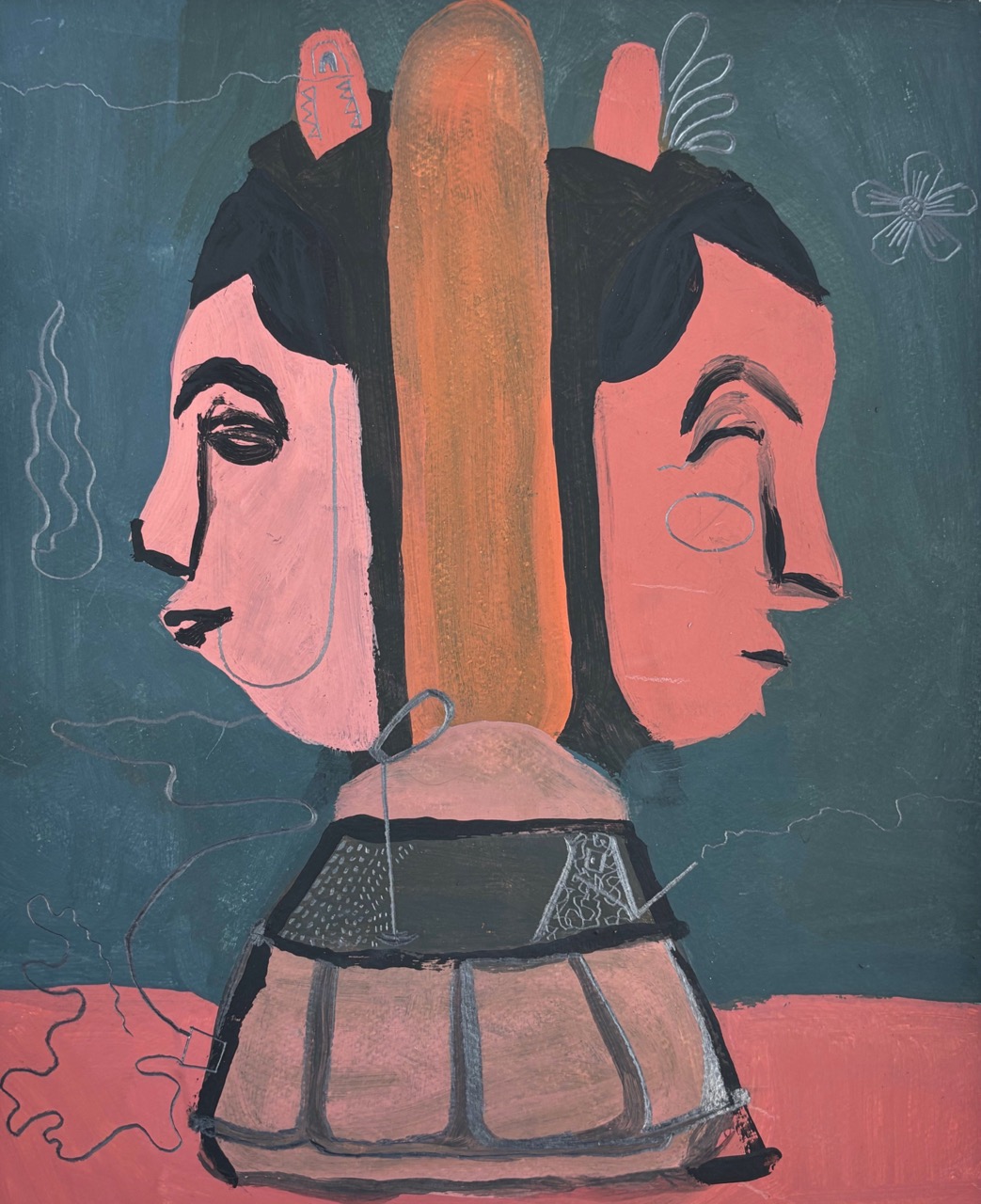 Ela Kleber – Januskopf. Elfenbeinküste, 2025 – Papier, Gouache, Bleistift – 24x30 cm