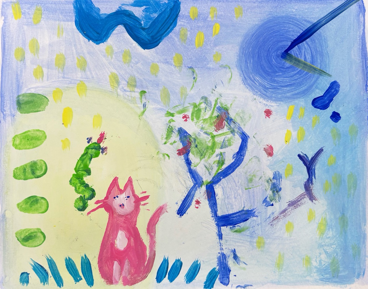 Ela Kleber – Kater liebt Raupe, 2025 – Papier, Gouache – 30x24 cm