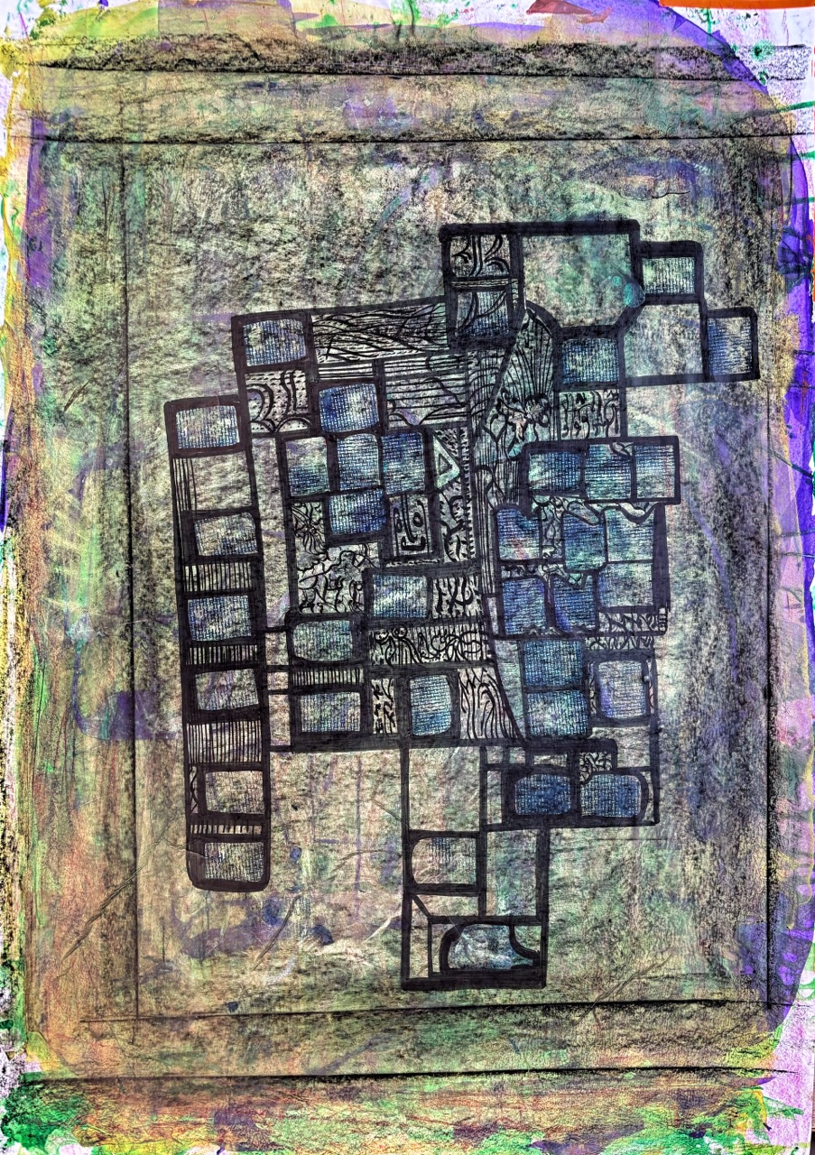 Haci Sami Yaman – Verstecktes Stempelsystem als Festplatte des Universums, 2018 – Tinte, Filzer, Ölkreiden auf Papier– 100x70 cm