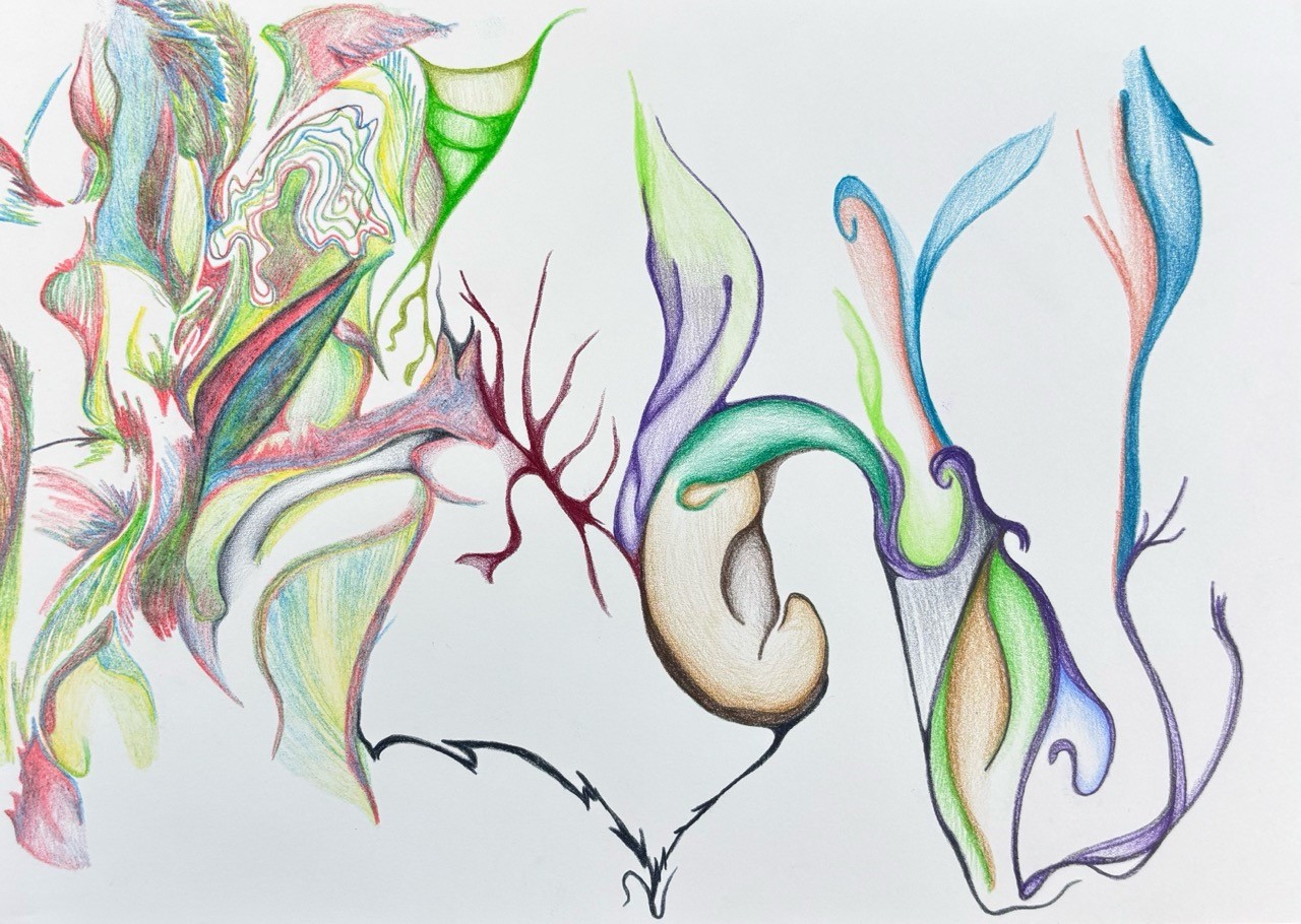 Hadcat – Herzkarte: Übergangsphase, 2025 – Buntstifte (Vierfarbenstift links, normale rechts) – 29,7 × 21 cm