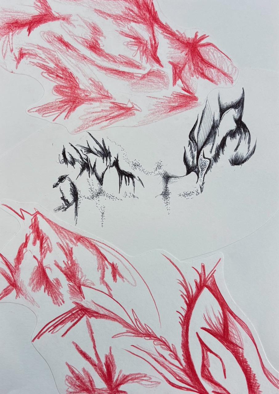 Hadcat – Herzkarte: Zeichnen mit links und rechts, 2025 – Polychromos Buntstifte und Kugelschreiber – 21 × 29,7 cm