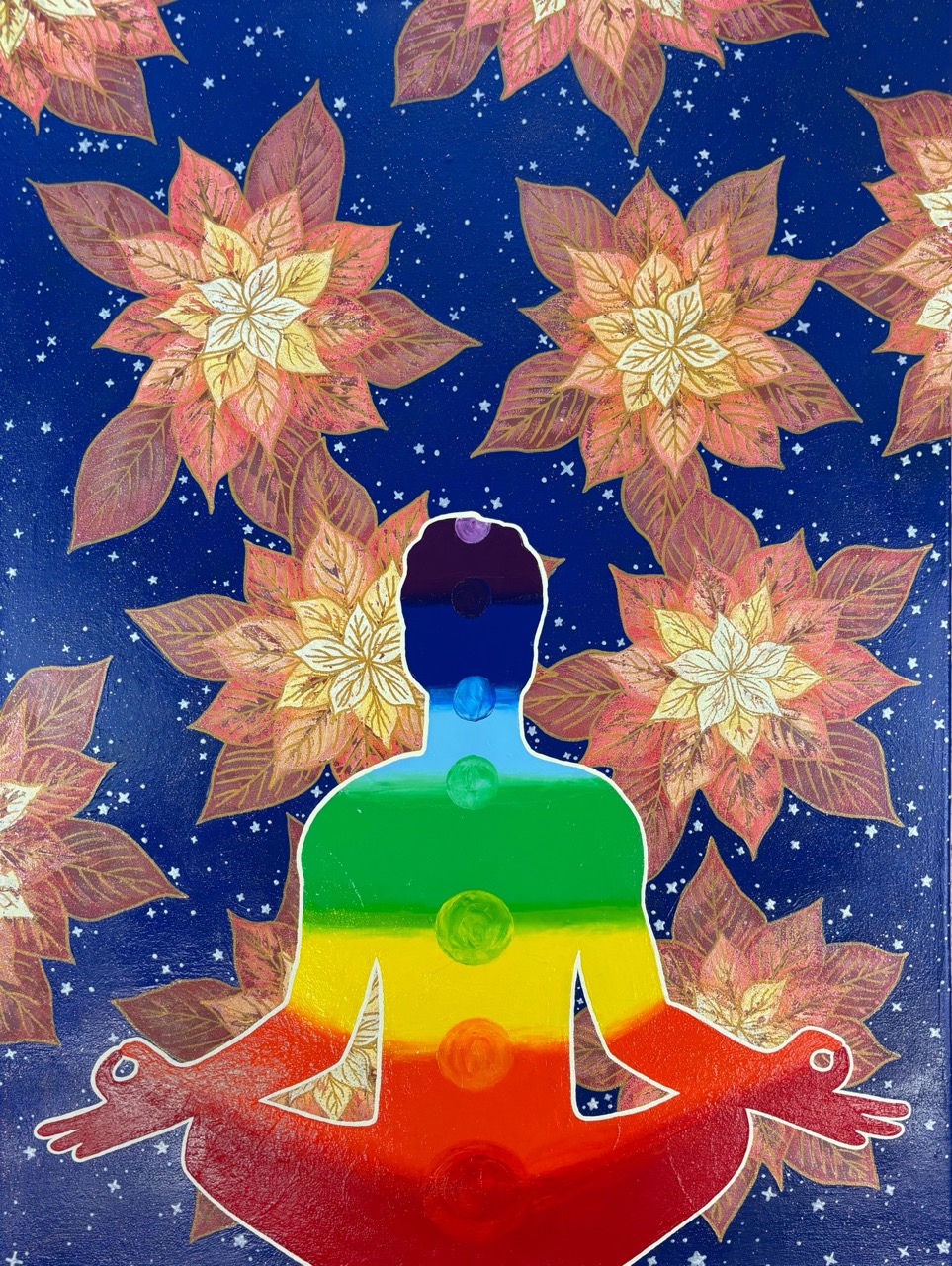 Hadcat – Blätterblumen im Sternenhimmel, 2025 – Acrylfarbe, Acrylmarker, Blattgold-Imitat, Schmincke Universal-Firnis auf Leinwand– 60 × 80 cm