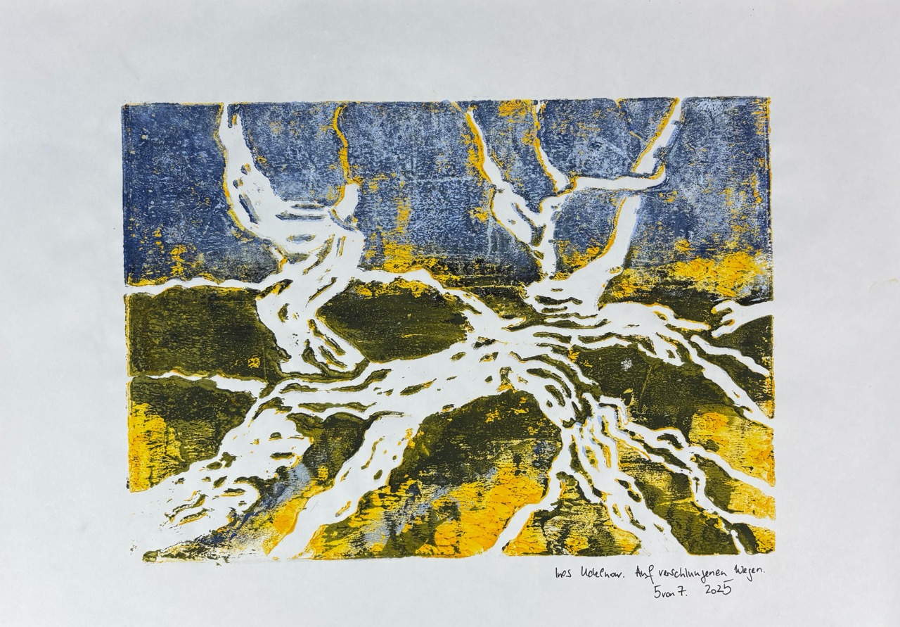 Auf verschlungenen Wegen, 2025 42 x 29,7 cm Linoldruckfarbe auf Papier