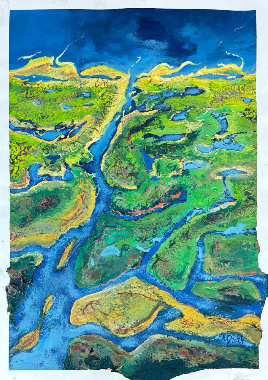 Sehnsuchtslande, 2024 Strukturpaste und Acryl auf Papier 59 x 42 cm