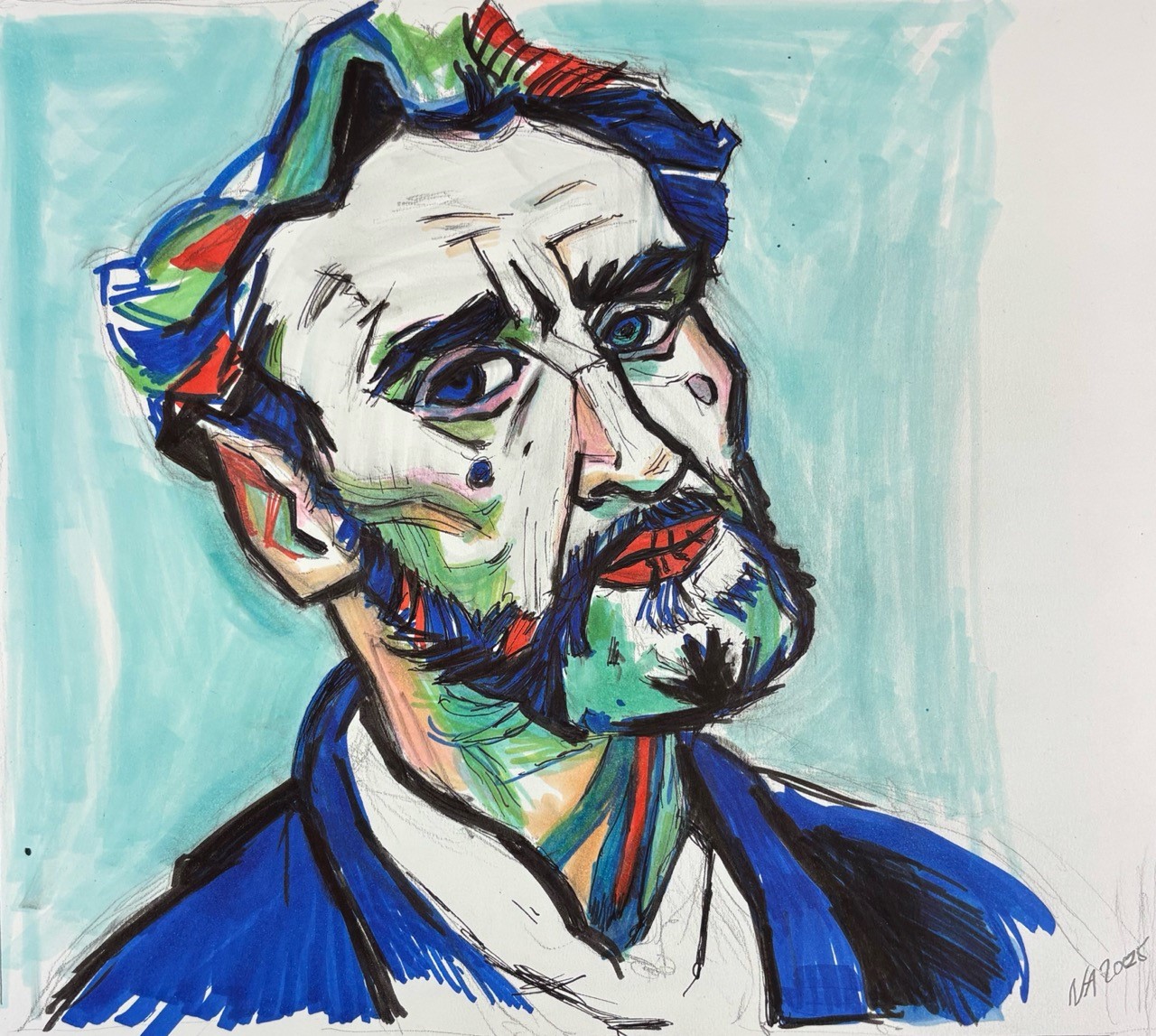 Nolan Aris-Selbstporträt 2, 2025-Copics/Farbstifte auf Papier -29,7x21cm