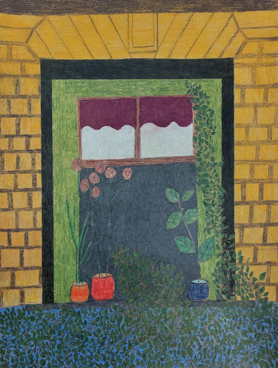 Sille - Fenster mit Blumen, 2020, Buntstifte, 48x 35,5cm