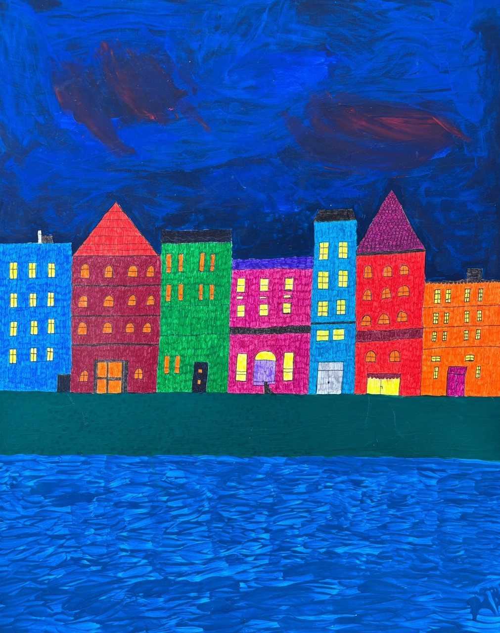 Sille - Häuserfront am Abend, 2023, Stabilo und Acryl auf Papier, 63,5 x 49,5 cm